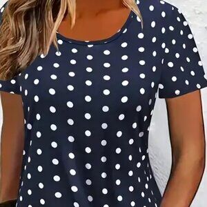 Polkadot Blue White Swing midi Spring tshirt Coastal Comfy soft dress L